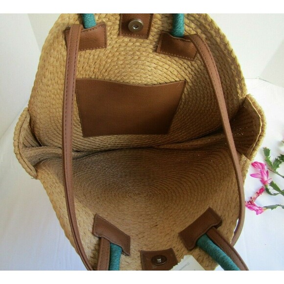 Time and Tru Straw Beach Bag Purse Shoulder Bag Tan Pink Leather Straps NWT - Picture 5 of 5